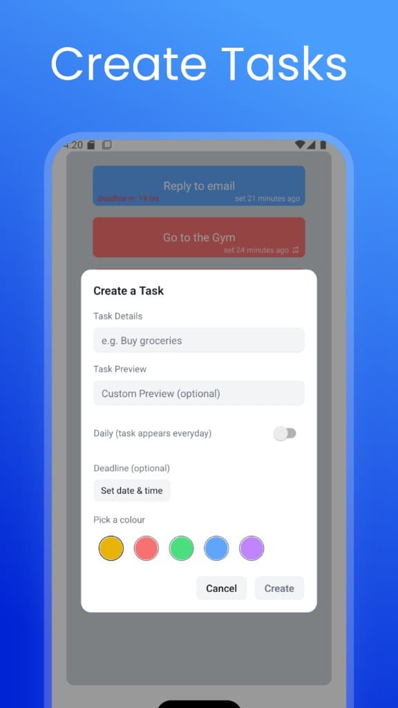 TaskFlick create screen: task details, optional deadline, daily repeat, and color swatches