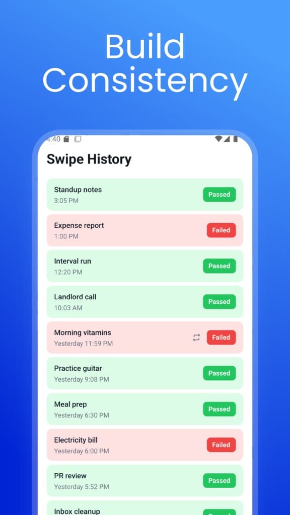 TaskFlick swipe history with passed and failed task rows