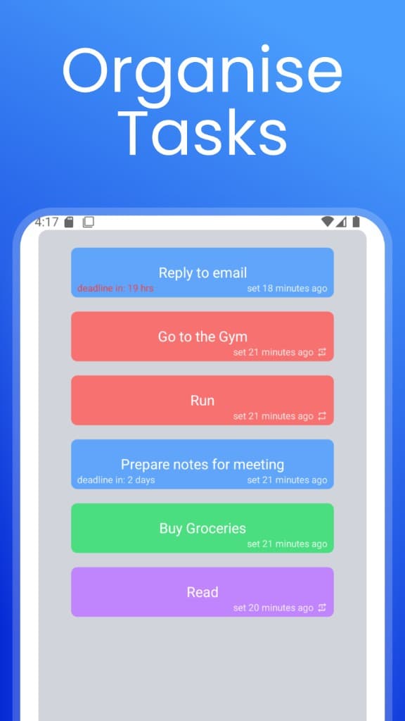 TaskFlick home list with color-coded task cards