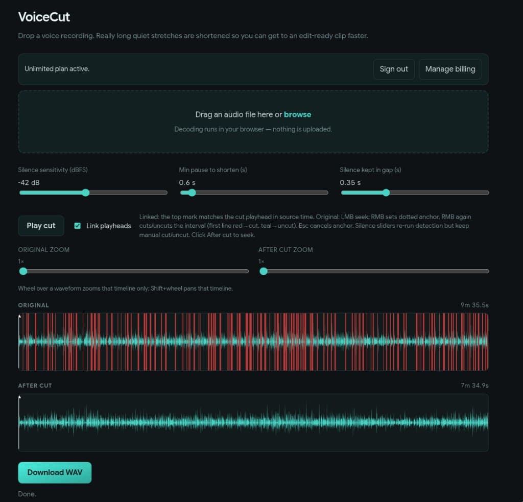 VoiceCut full workspace with dual waveforms, playback controls, and download
